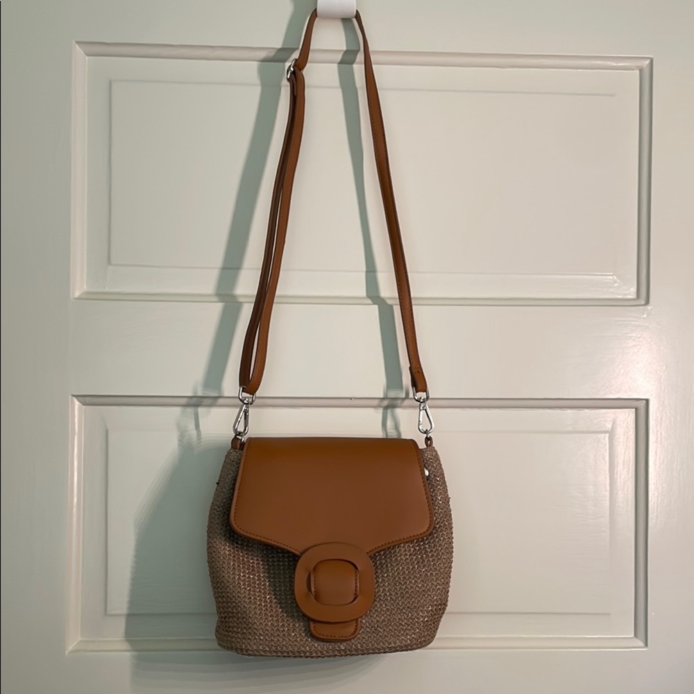 Leather and Raffia Woven Tan Women's Bag